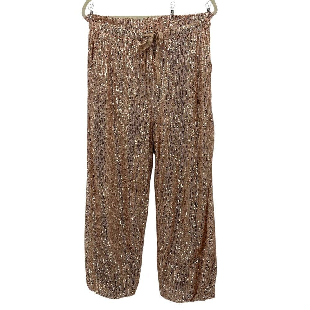 Womens Large Pants Sequins Rose Gold Beige Jogger Harem Pull On Drawstring Party